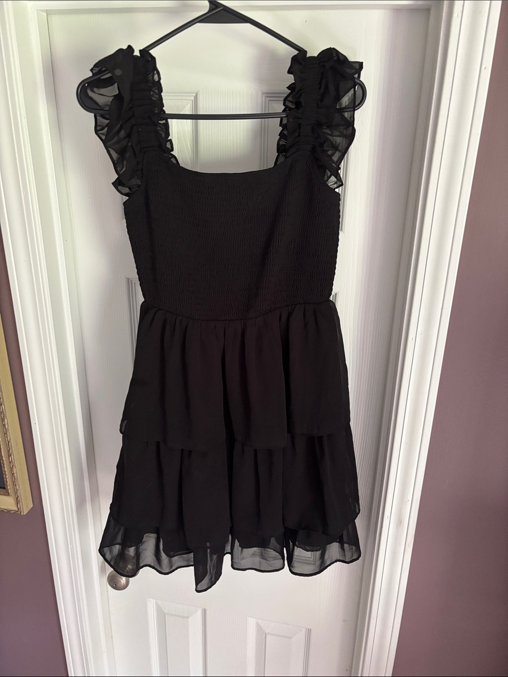 Smocked Ruffle-Strap Mini Dress in Black